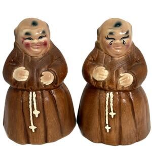 Vintage Hirsch Mfg Monk Friar Tuck Large 6" Salt Pepper Shakers CA USA Brown